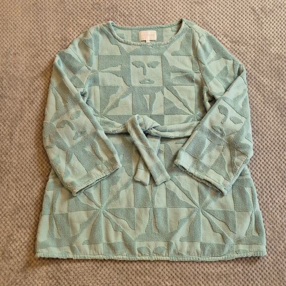 Lucy Folk Sol Belted Cotton Terry Mini Dress Size Large Blue Shapes Faces Pocket - Picture 3 of 9